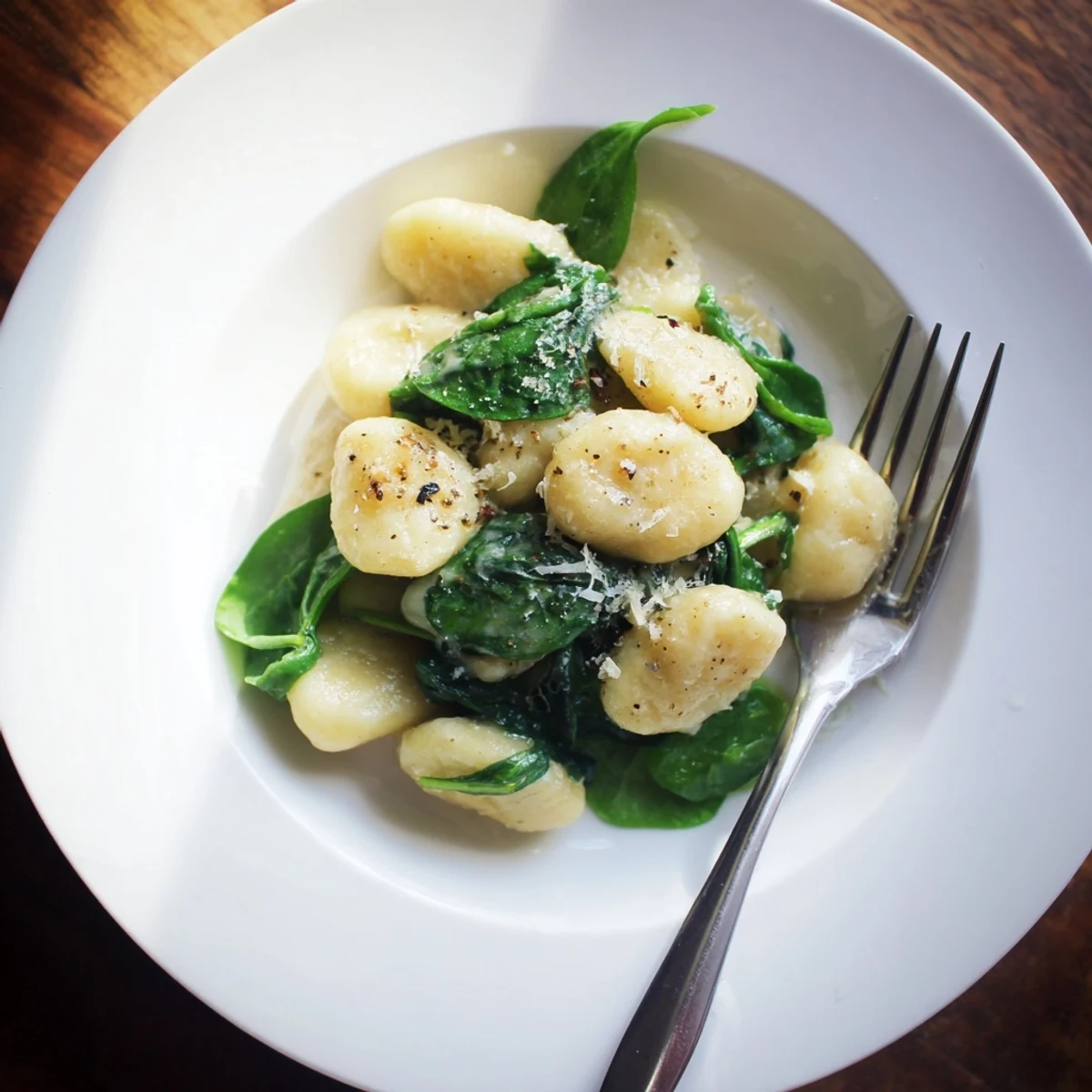 Creamy Garlic Gnocchi served in a rustic skillet, with tender potato dumplings coated in a rich garlic cream sauce and wilted fresh spinach.