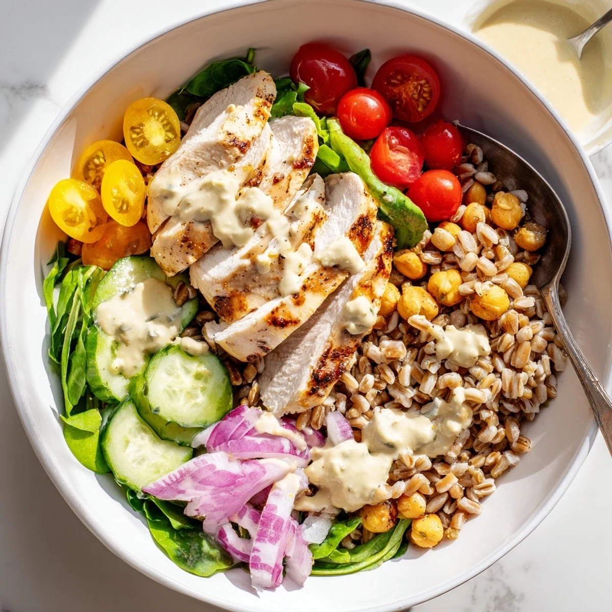 Golden roasted chicken and crispy chickpeas top a bowl of fluffy farro and fresh greens in this Lemon Tahini Chicken Power Bowl.