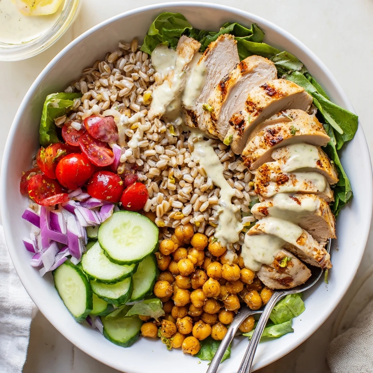 Vibrant red tomatoes and cucumber slices mingle with hearty farro, tender chicken, and bright greens in this nourishing Lemon Tahini Chicken Power Bowl.