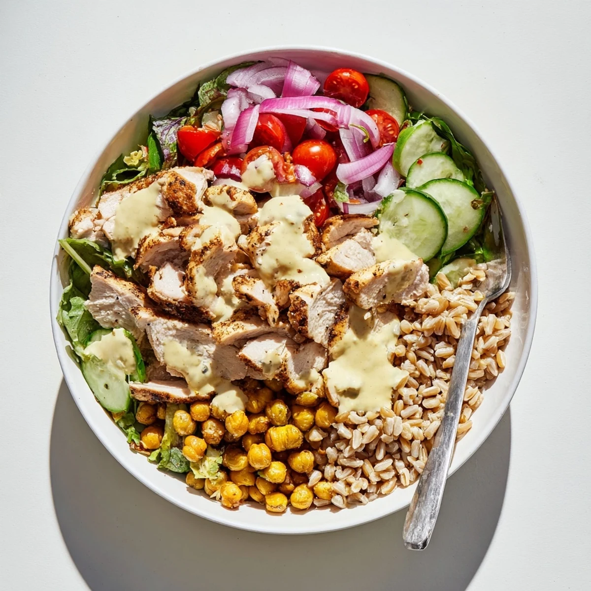 Juicy roasted chicken, golden chickpeas, and fresh vegetables are drizzled with creamy lemon tahini sauce over a bed of hearty farro.