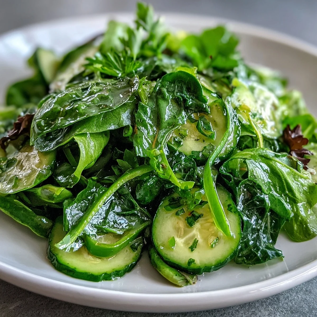 Close-up of a vibrant Glowing Green Salad with crisp veggies and light lemon dressing.