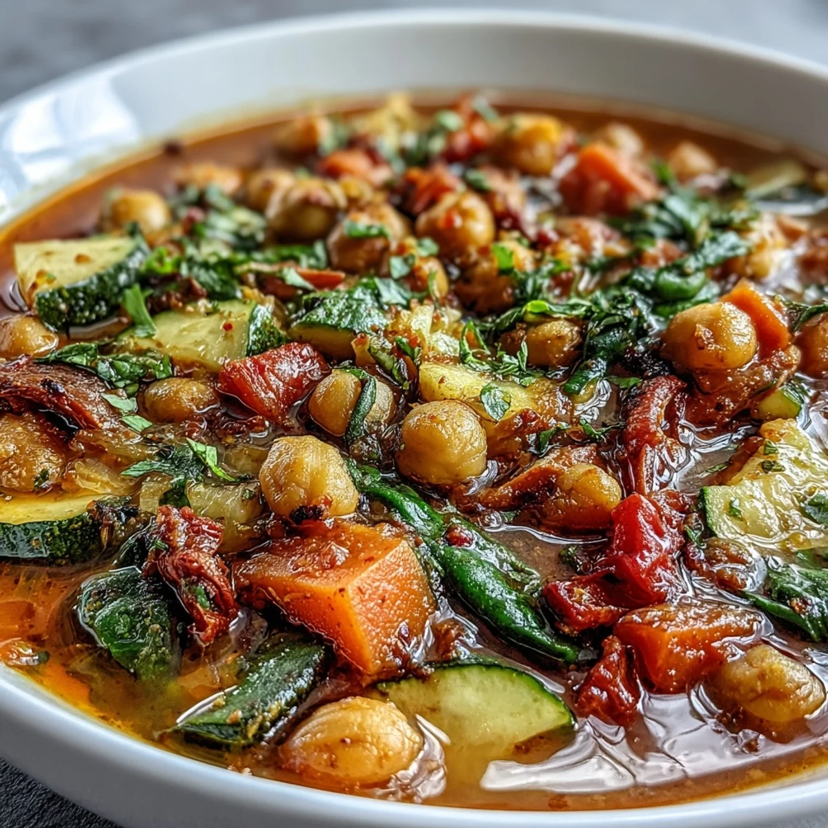 Hearty Spicy Chickpea Stew topped with fresh cilantro, invitingly warm.