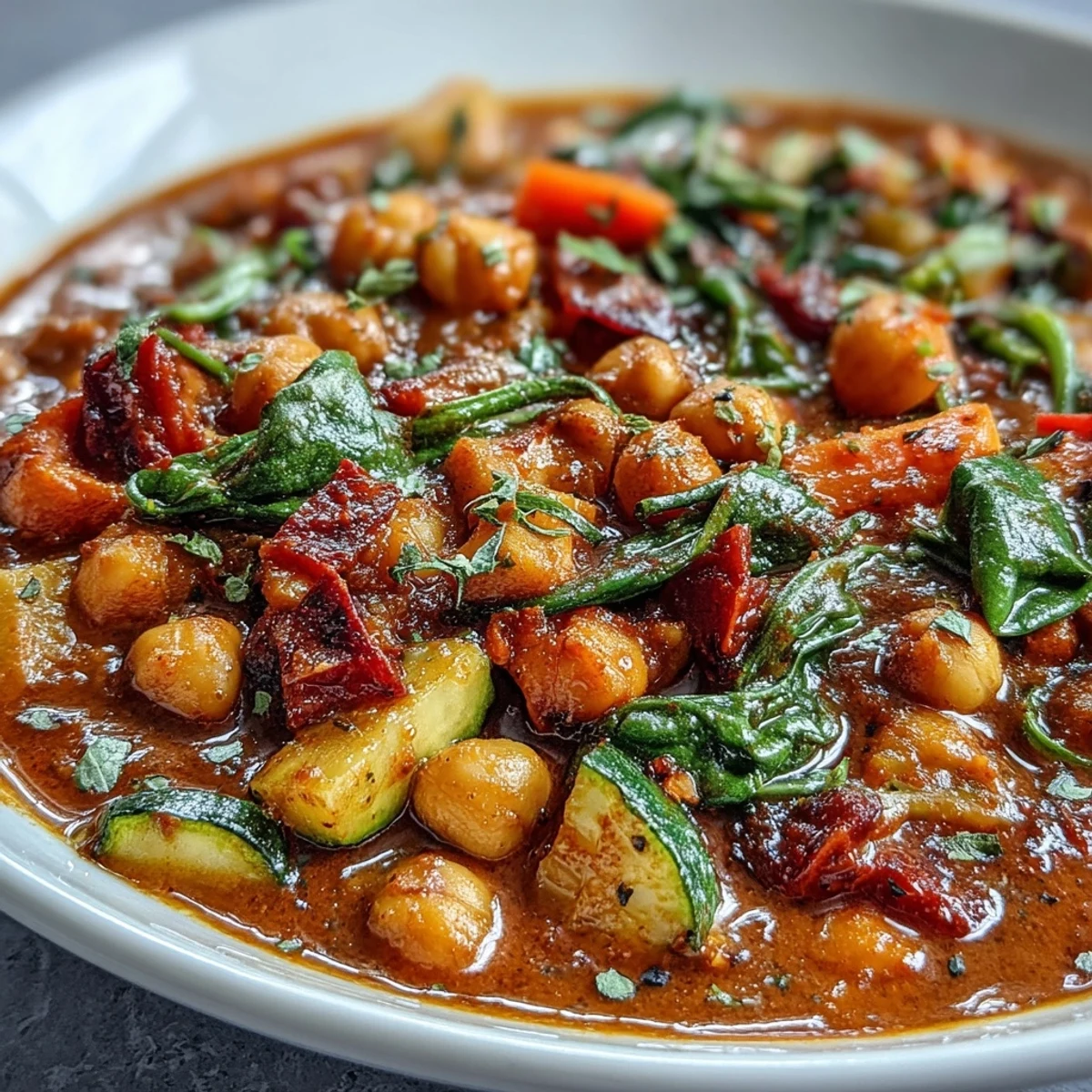 Savory Spicy Chickpea Stew, a comforting vegan meal perfect for a cozy evening.
