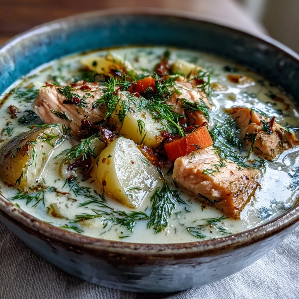 Close-up of homemade Finnish Salmon Soup featuring flaky salmon, diced potatoes, and chopped dill in creamy broth.