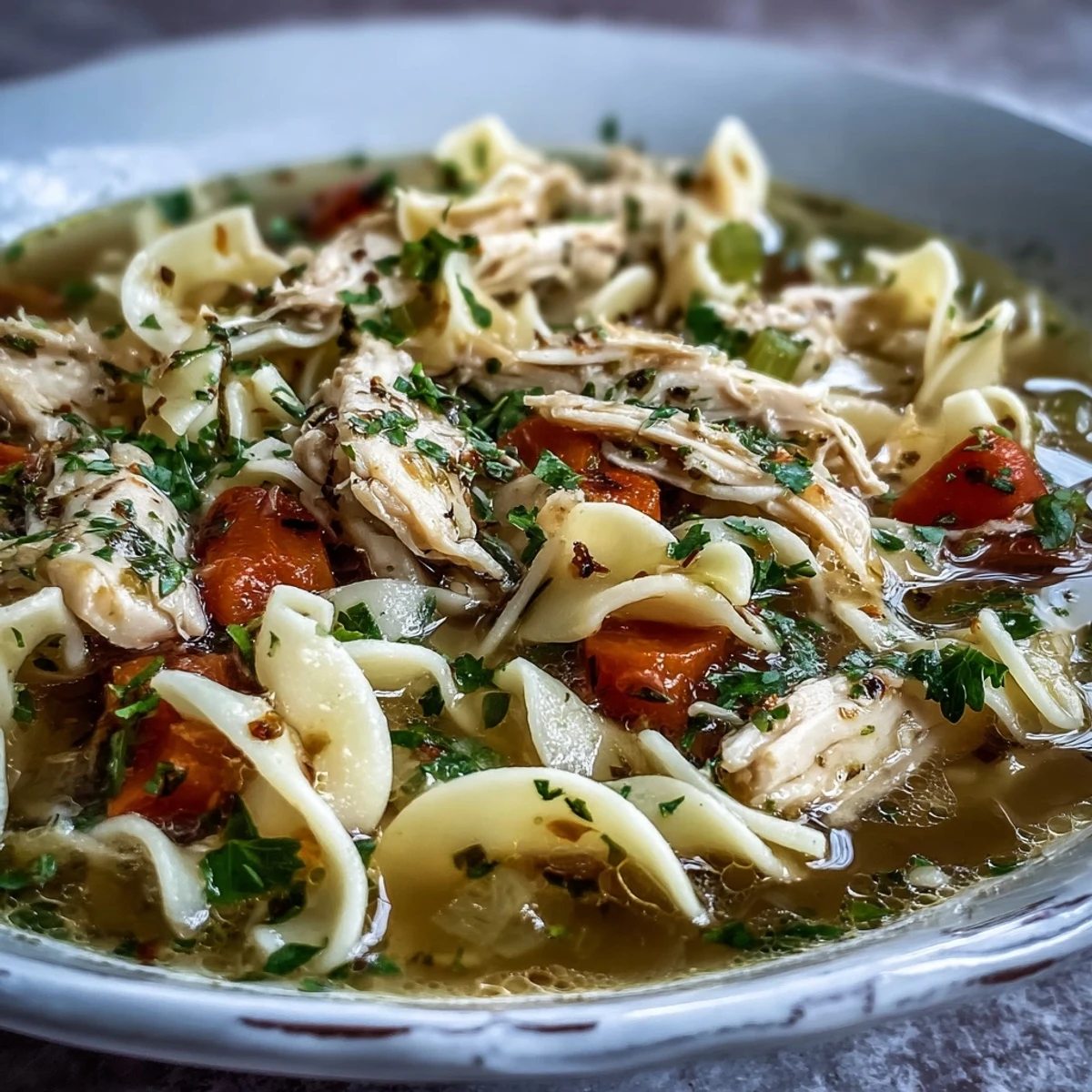 Steaming bowl of homemade Chicken and Noodle Soup with tender shredded chicken, carrots, and celery.