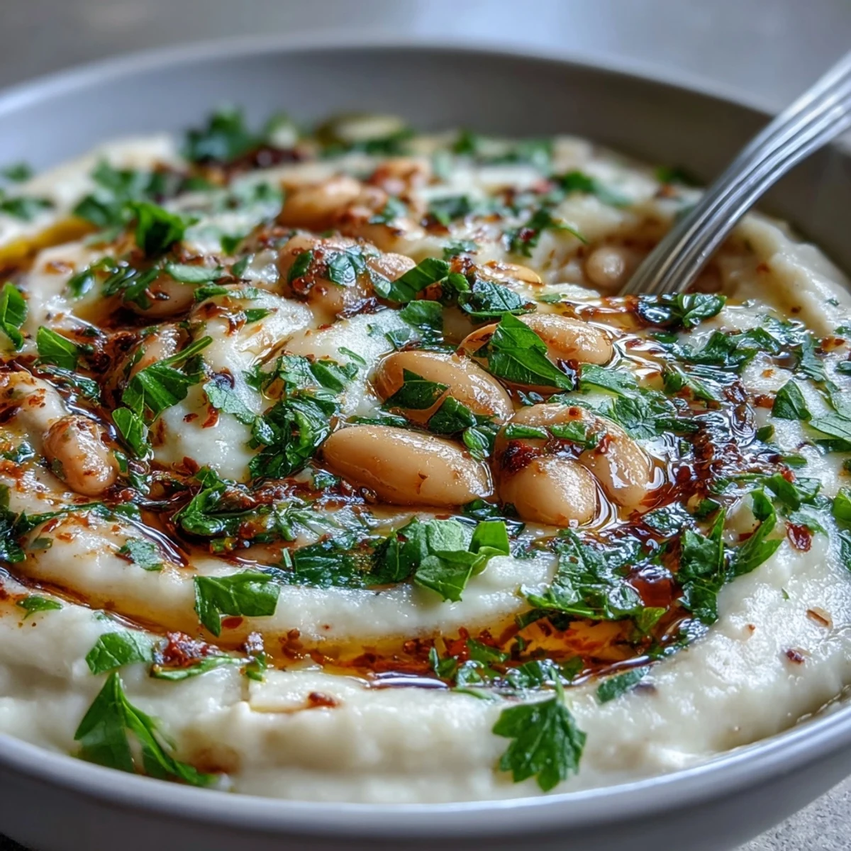 Close-up of vibrant White Bean Soup with Tomato garnished with fresh basil and a sprinkle of smoked paprika.