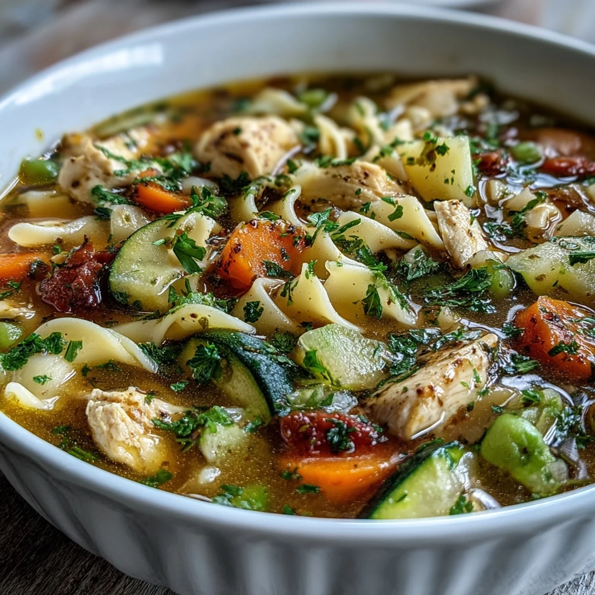 Homemade Pasta Soup With Chicken and Vegetables steaming in a bowl, featuring tender chicken, carrots, celery, and al dente pasta in a rich golden broth.