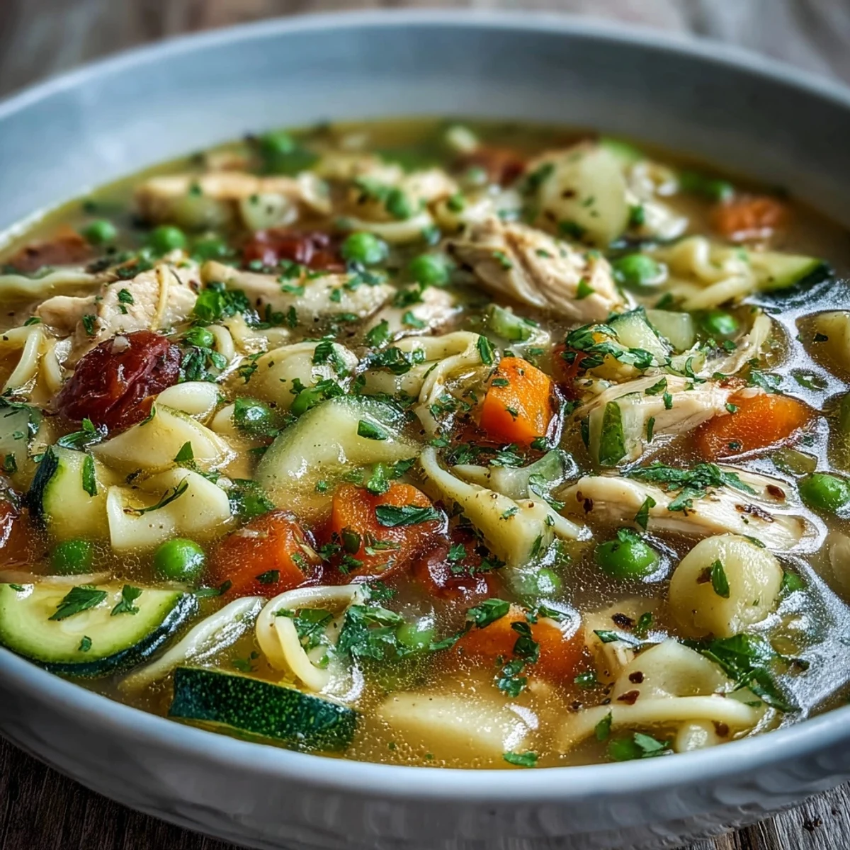A close-up of Pasta Soup With Chicken and Vegetables, highlighting diced zucchini, green beans, and peas in a hearty tomato-infused broth next to a slice of crusty bread.
