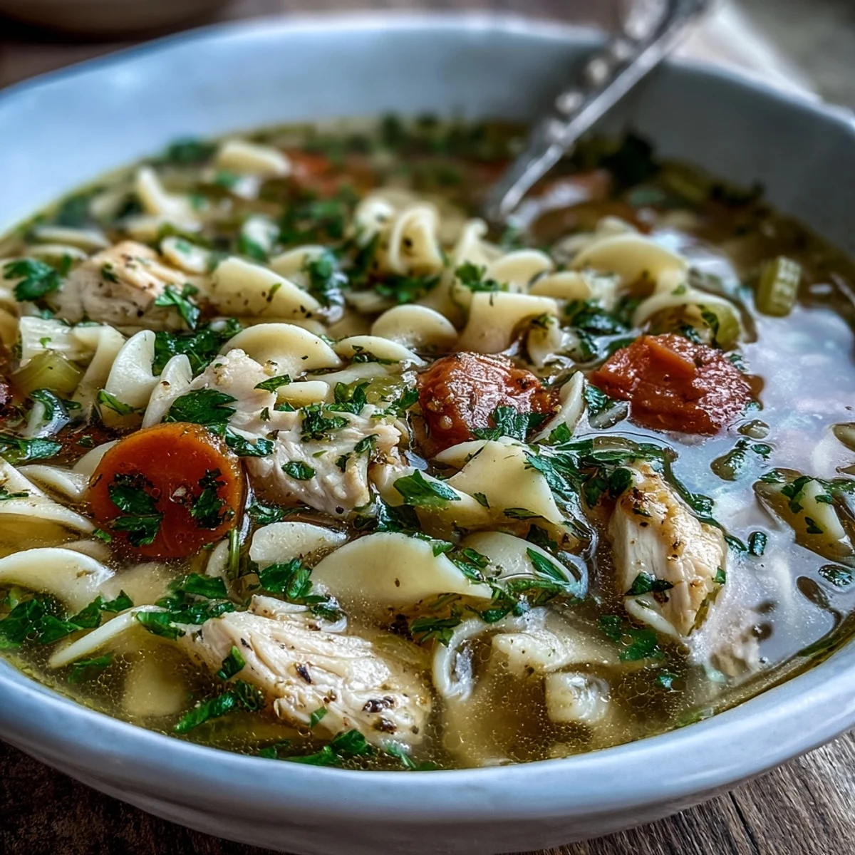 Steaming bowl of Chicken Noodle Soup with tender chicken, carrots, and egg noodles.