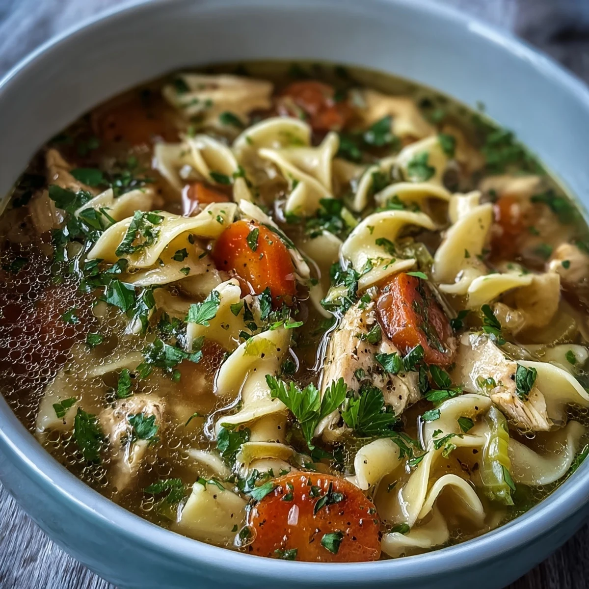 Close-up of Chicken Noodle Soup showing parsley garnish and rich golden broth.