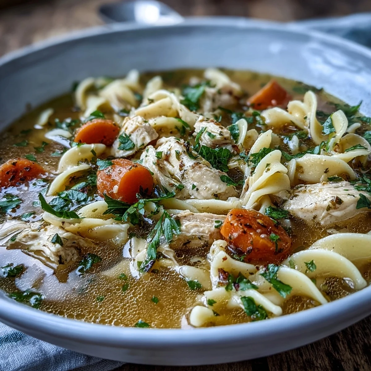 A comforting serving of Chicken Noodle Soup with celery, carrots, and noodles.