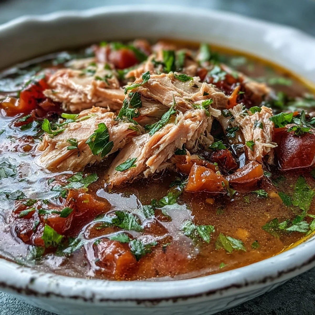 A bowl of homemade Italian-inspired Tuna and Tomato Soup garnished with fresh parsley and served beside crusty bread.
