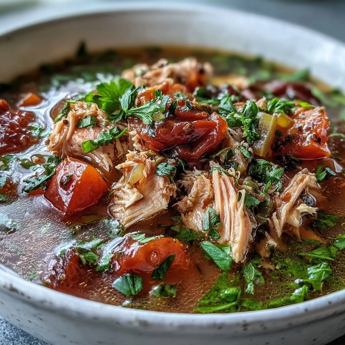 Steam rises from this easy Tuna and Tomato Soup, highlighting tender tuna flakes and vibrant diced tomatoes in a rich broth.