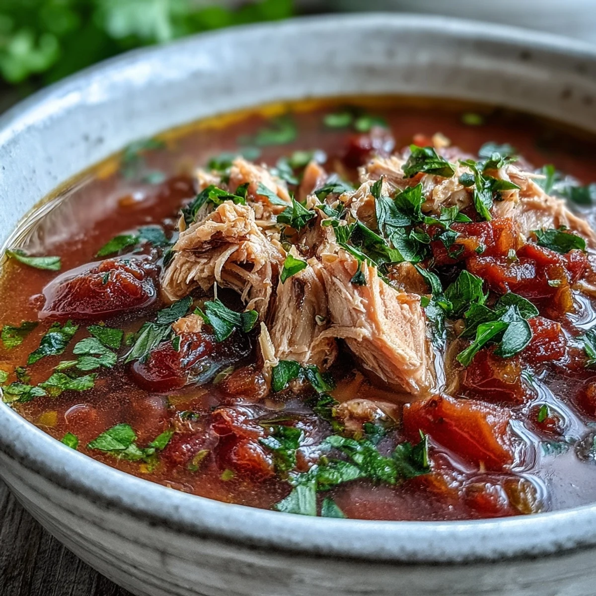 A close-up of Tuna and Tomato Soup in a rustic bowl, topped with fresh basil and red pepper flakes for extra flavor.