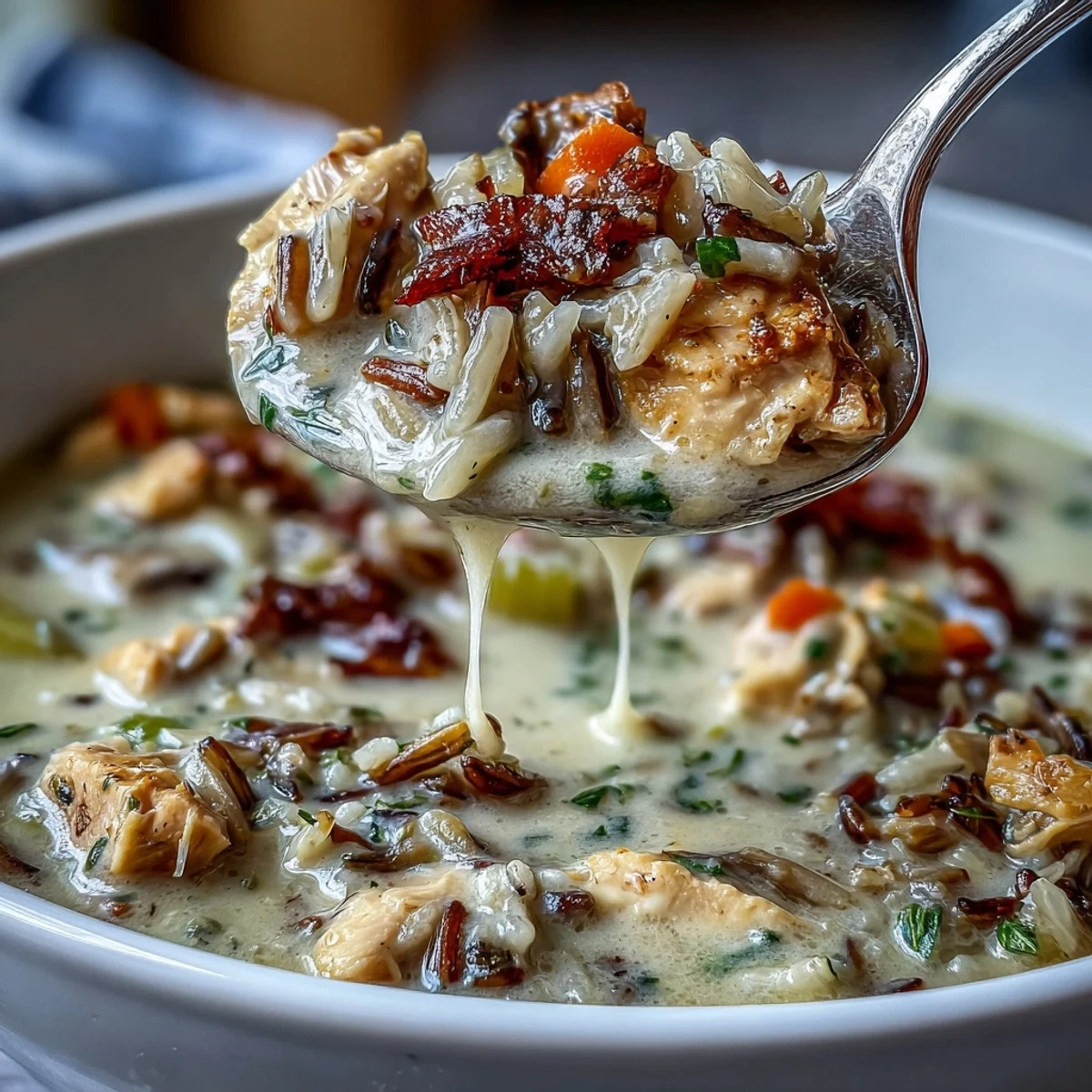 A close-up of rich Parmesan Mushroom Chicken and Wild Rice Soup with tender chicken pieces, sliced mushrooms, and visible wild rice grains.