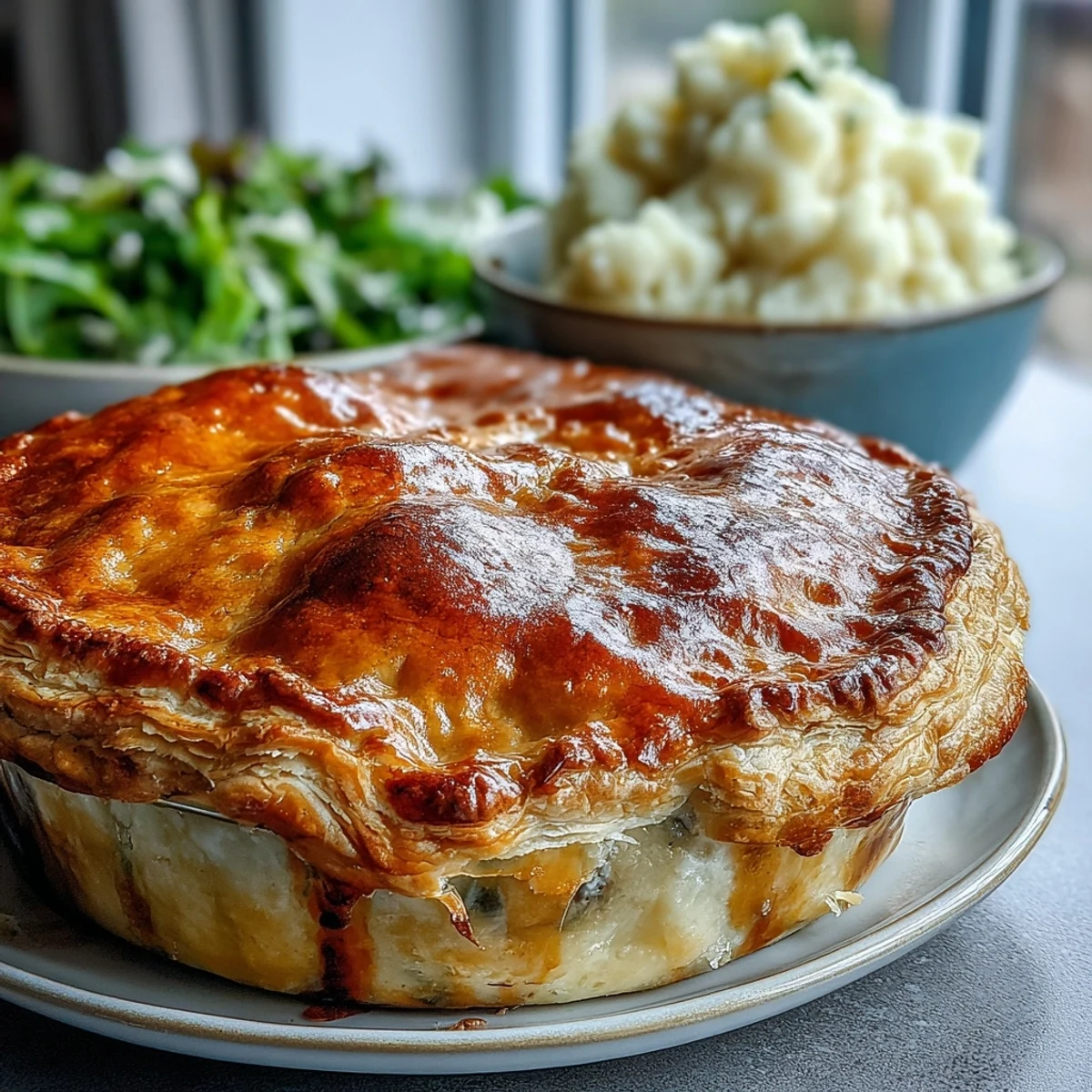 Freshly baked Chicken and Leek Pie rests on a rustic wooden table, showcasing a golden, flaky pastry crust brushed with egg wash. Steam gently rises from the golden, flaky pastry, revealing a rich filling of tender chicken, sautéed leeks, and smoky bacon peeking through the slits. Served in a ceramic dish, this hearty Chicken and Leek Pie is paired with a green salad and ready to slice for dinner.