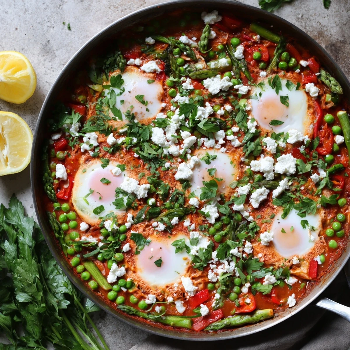 Bright green peas and broad beans swim in a spiced tomato sauce, with eggs poached in wells, served with lemon wedges and fresh herbs.