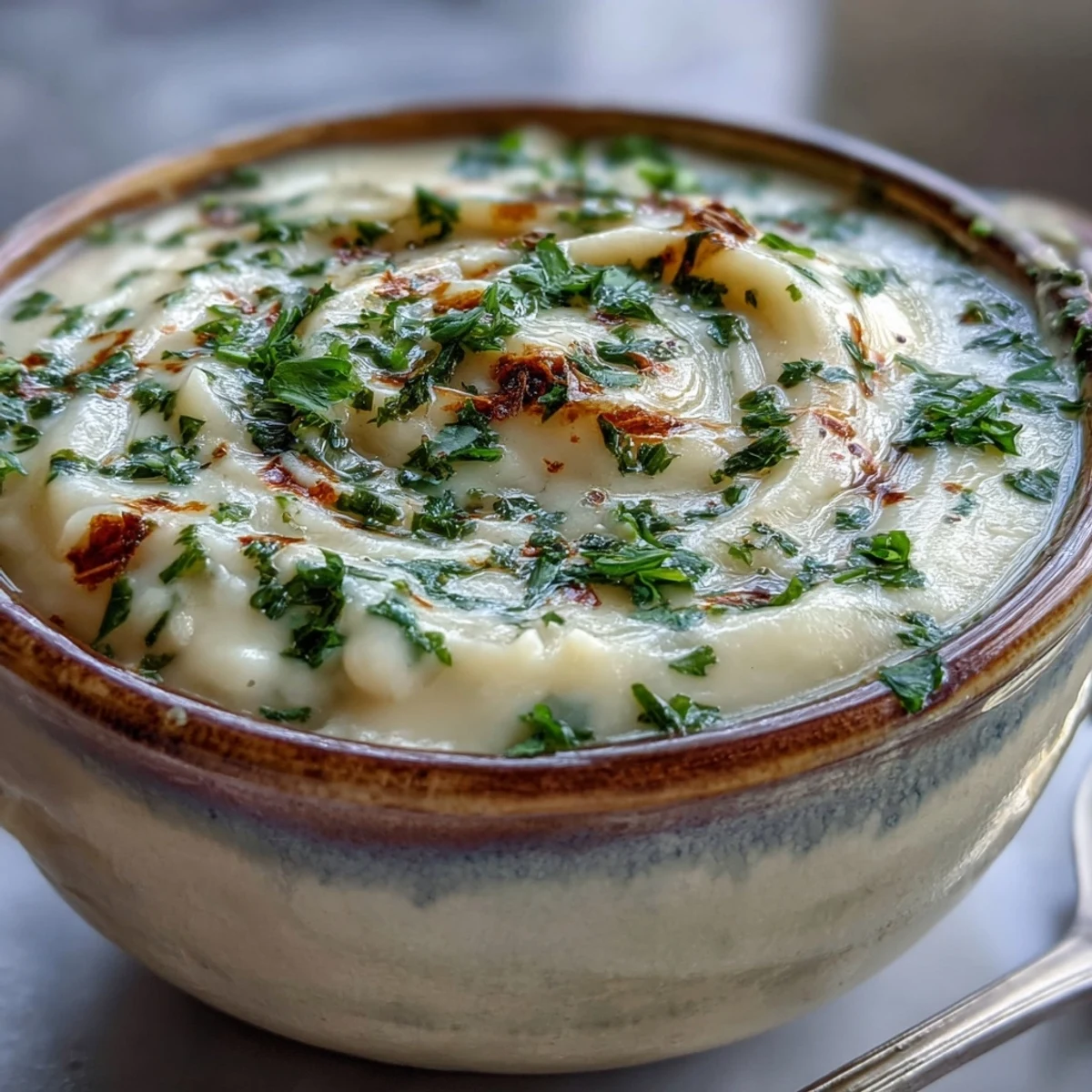 Smooth blended White Bean and Parmesan Soup ladled into a soup bowl with a swirl of cream and black pepper garnish.