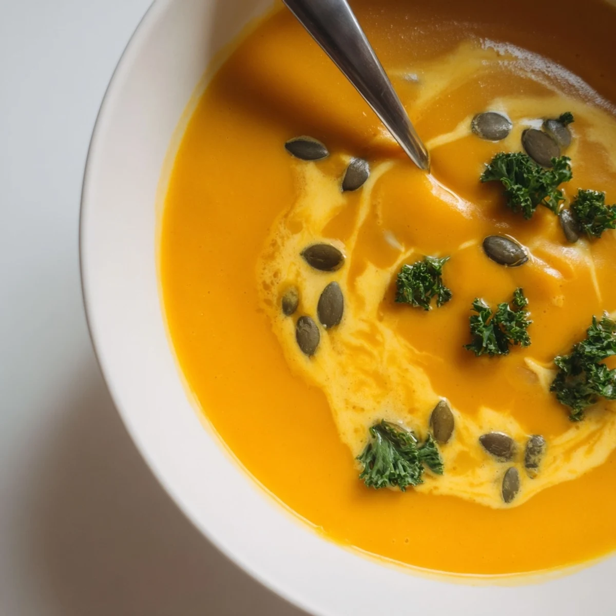Creamy butternut squash soup in a rustic bowl, garnished with toasted pumpkin seeds and a swirl of coconut milk, served beside crusty bread.