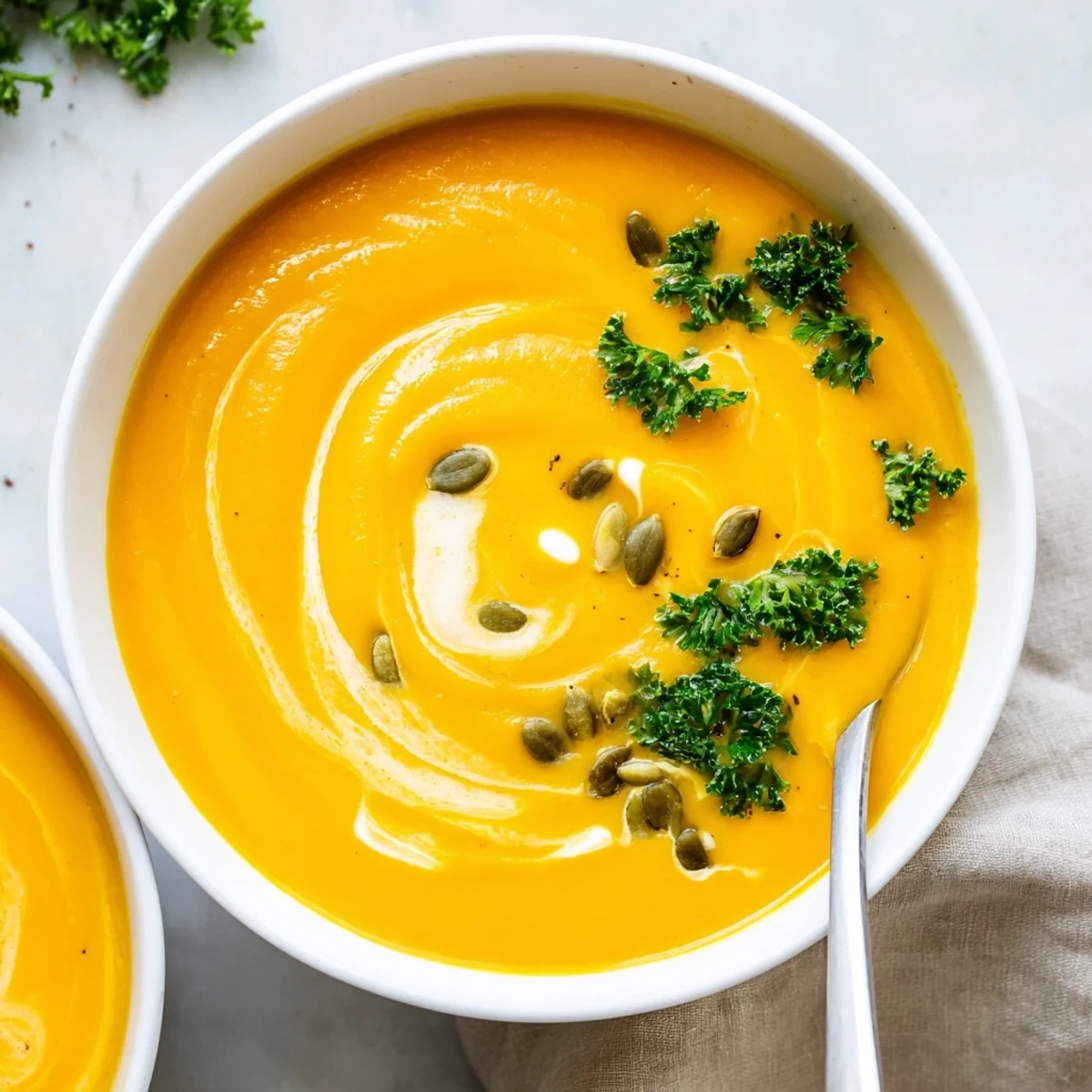 Velvety butternut squash soup with roasted squash, carrots, and onions, featuring a golden swirl of coconut milk and fresh parsley garnish.