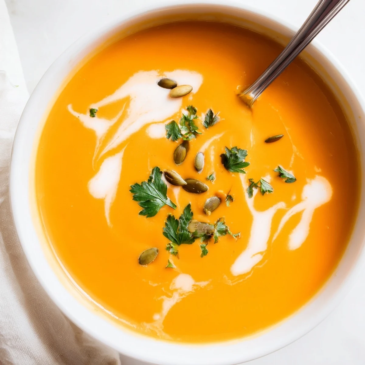 Golden, aromatic butternut squash soup in a white bowl, topped with pumpkin seeds and a drizzle of cream, ready for a cozy meal.