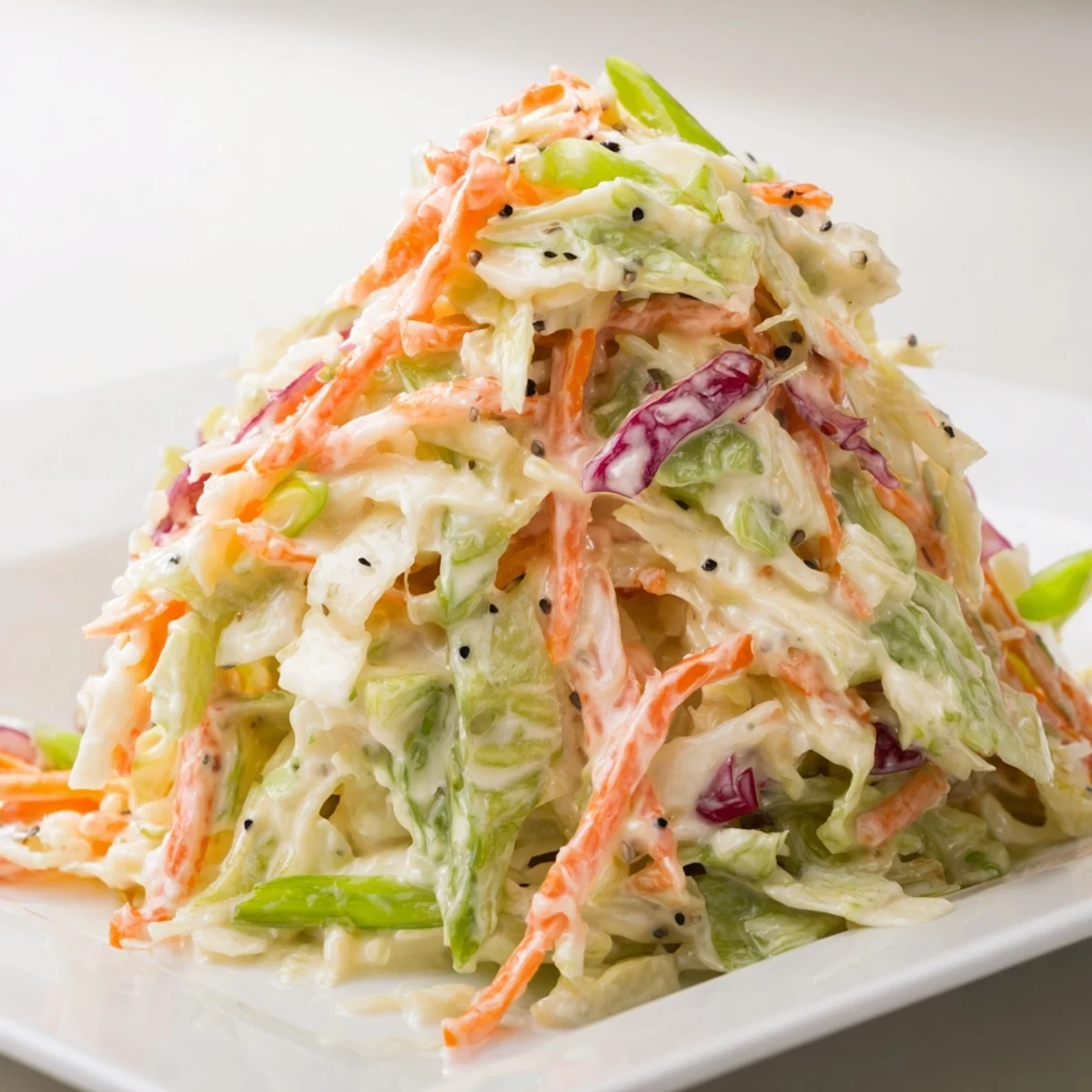 A vibrant bowl of Best Cabbage Coleslaw featuring shredded green and red cabbage with grated carrots, tossed in a creamy, tangy dressing.