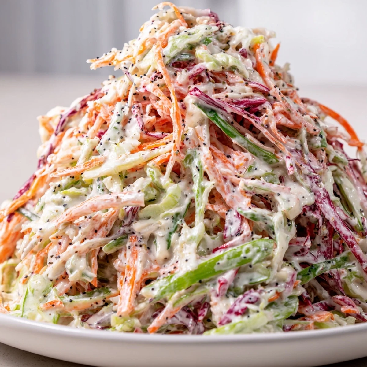 Finely shredded cabbage and carrots for Best Cabbage Coleslaw glistening with a sweet and tangy dressing, ready for a backyard barbecue.