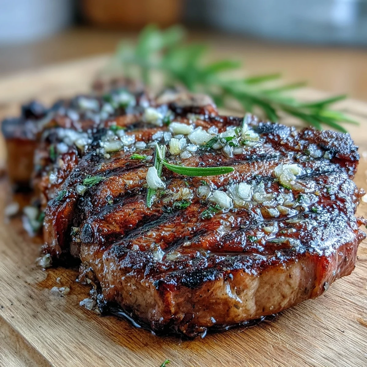 Perfectly grilled bone-in rib eye steak with charred asparagus and buttered parsley potatoes, served with lemon wedges.