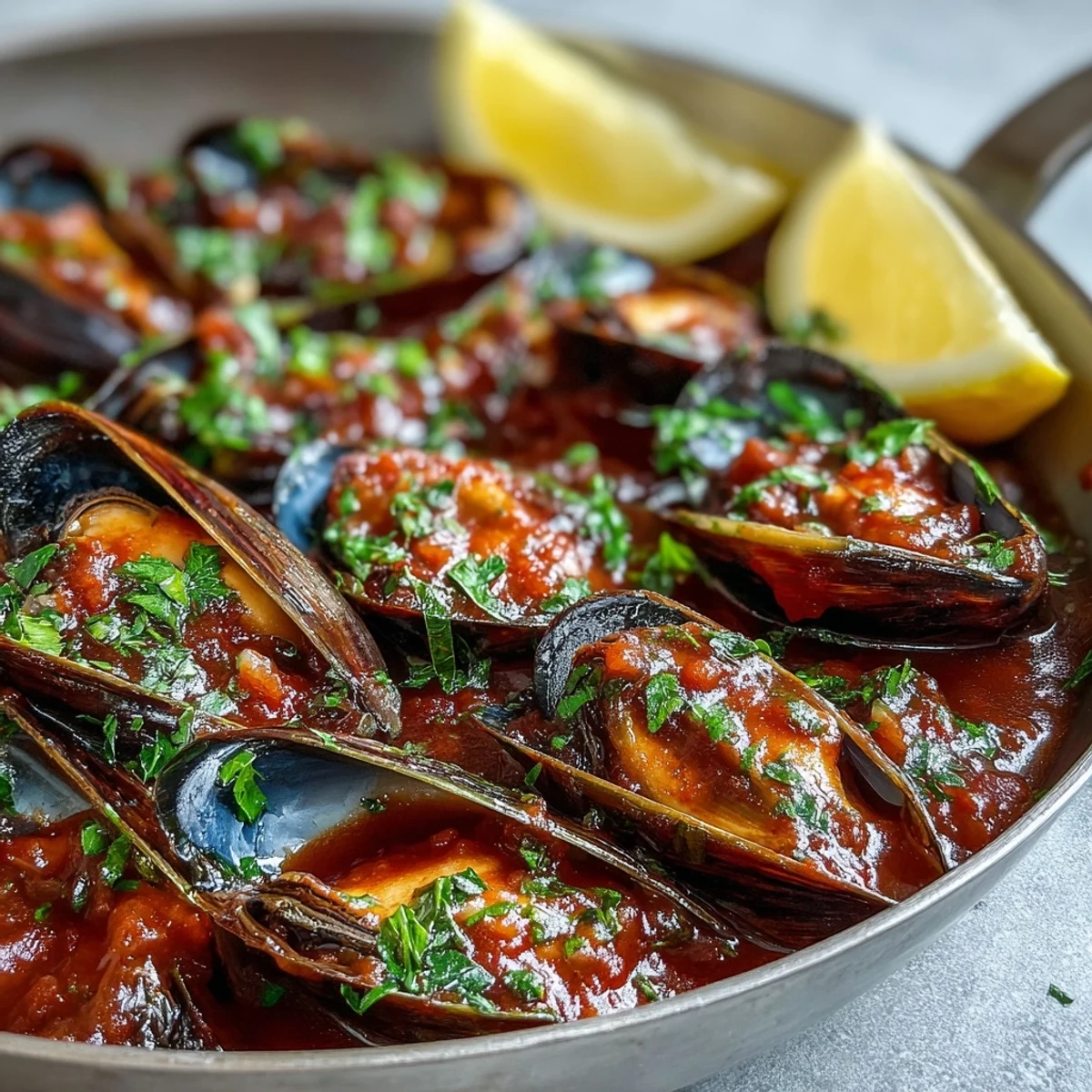 Fresh steamed mussels in a smoky tomato pomodoro sauce, served hot in a Dutch oven with lemon wedges and crusty bread on the side.  