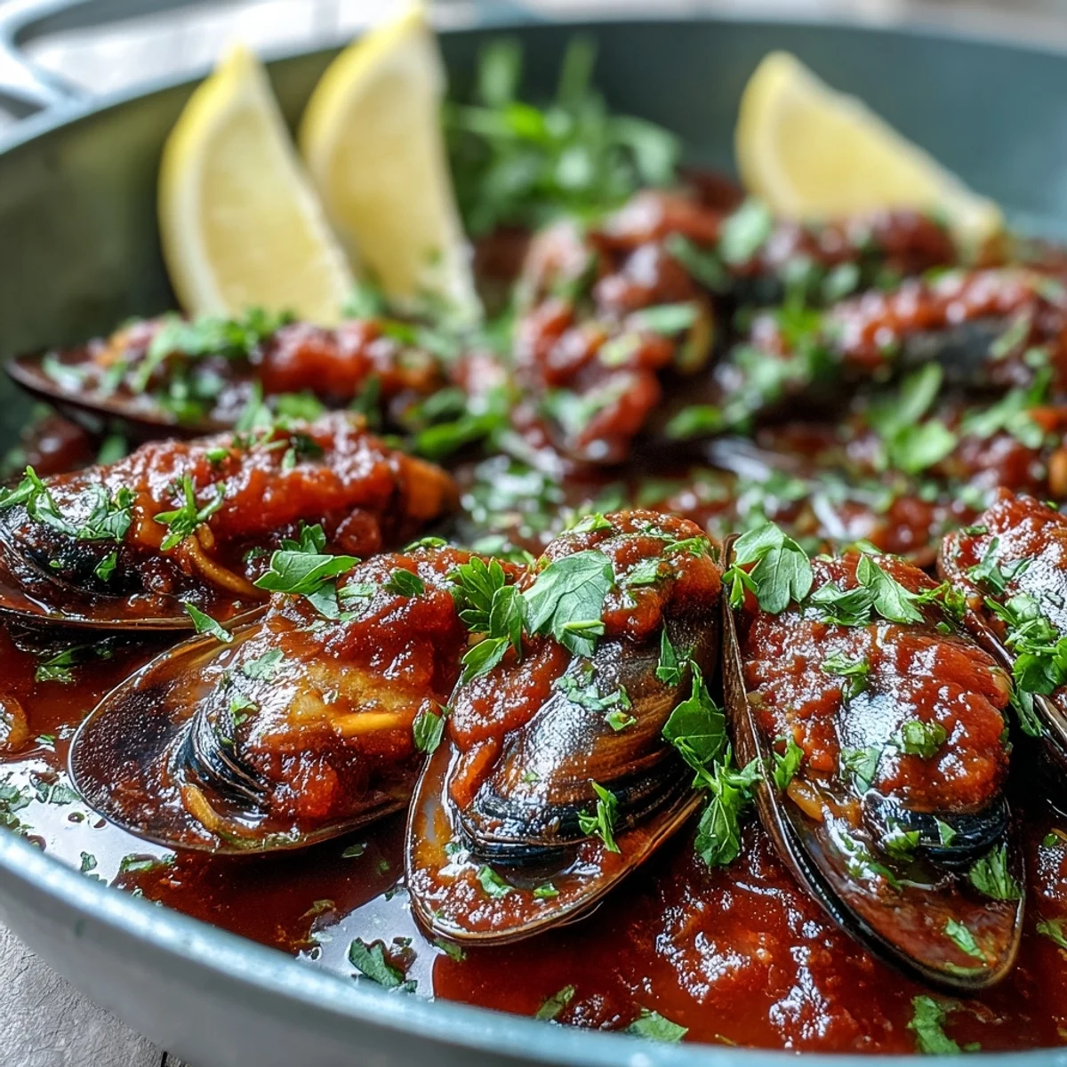 Tender mussels in a rich, spicy tomato broth, ready to serve with grilled sourdough for dipping in the smoky pomodoro sauce.