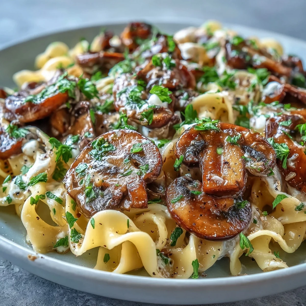 Close-up of tender mixed mushrooms and noodles in a rich, glossy mushroom stroganoff sauce.