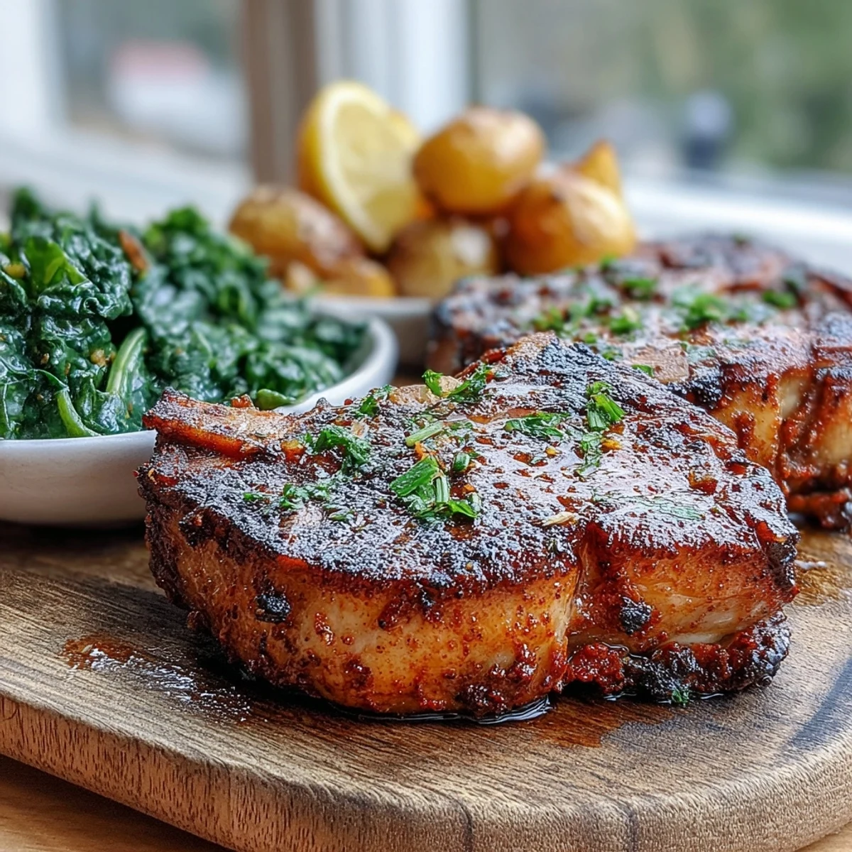 Golden-brown Aleppo pork chops roasted alongside crispy baby potatoes and sautéed lacinato kale on a rustic sheet pan.