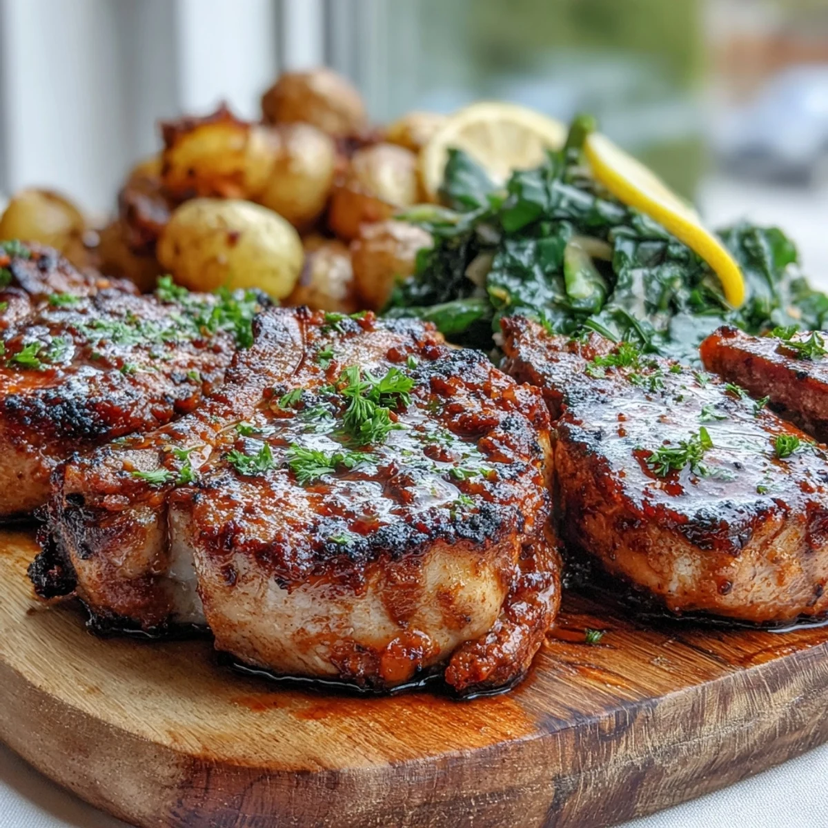 A close-up of Mediterranean-inspired Aleppo pork chops with roasted potatoes and sautéed kale, garnished with fresh lemon.
