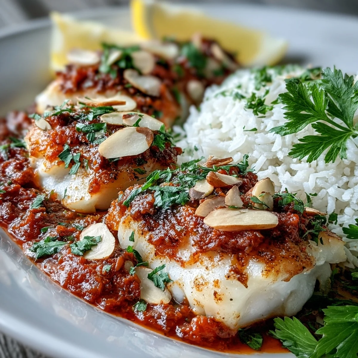 Golden Tomato-Roasted Cod fillets flake easily, topped with crunchy spiced almonds next to fluffy ginger rice.