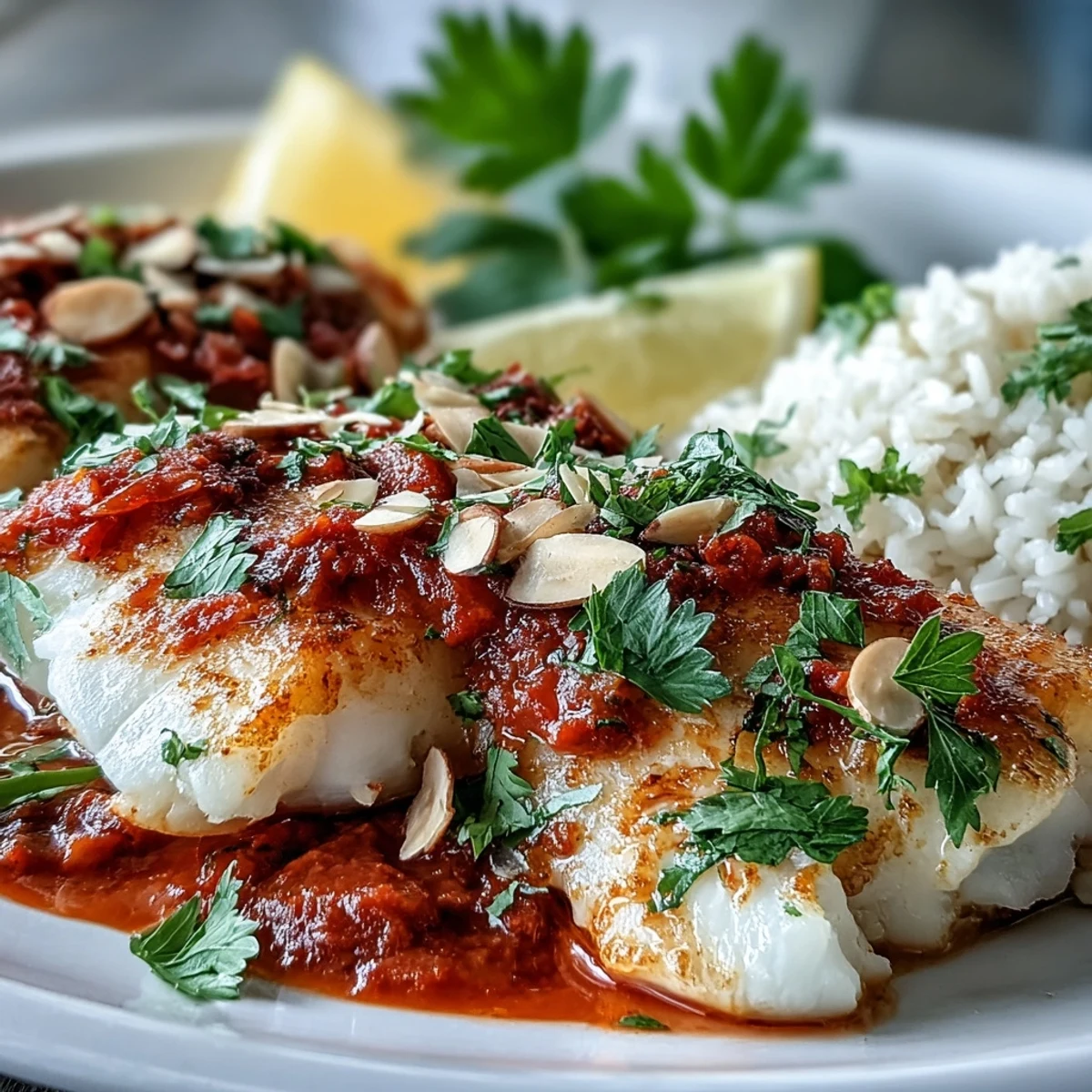 Roasted cod in a zesty tomato sauce topped with crunchy spiced almonds, served on ginger rice.