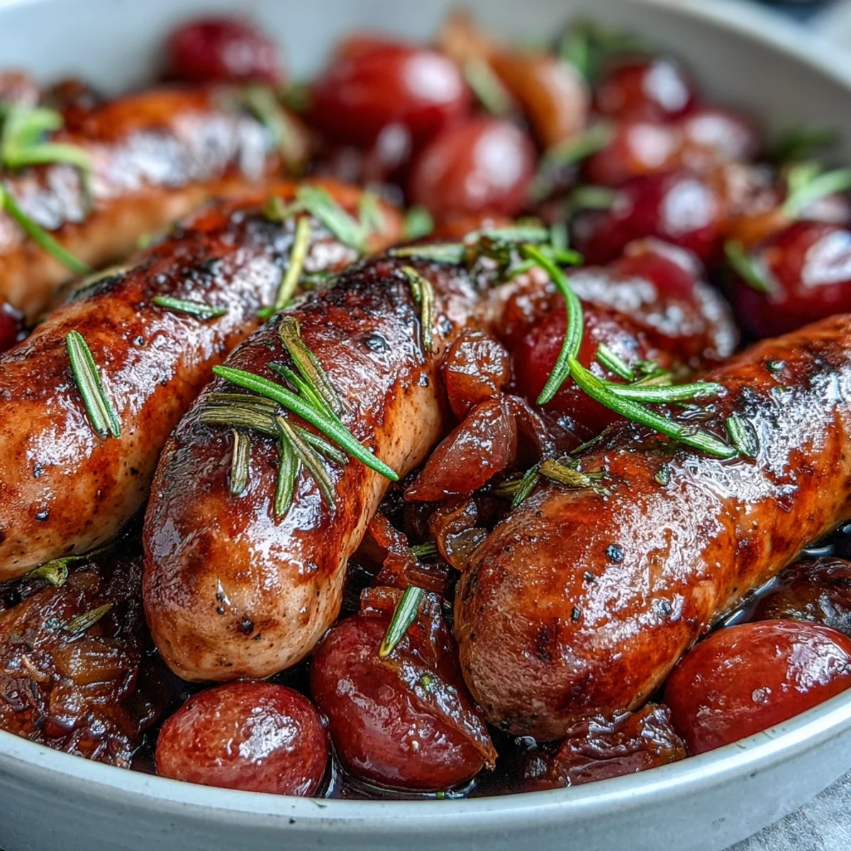 Golden roasted Italian sausages nestled with caramelized red grapes and onion wedges, drizzled with rosemary-infused olive oil and served hot.