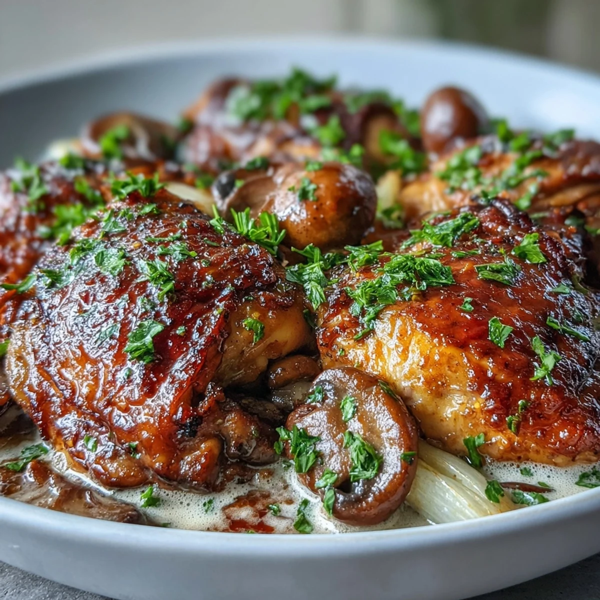 A French-inspired Coq au Vin Rosé with succulent chicken and a glossy pink sauce, ideal for dinner.