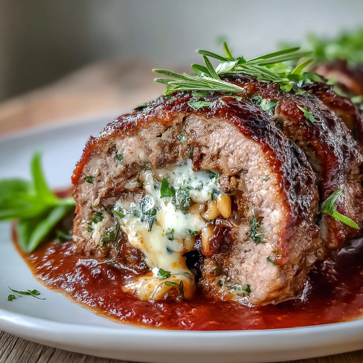 Golden-brown Sicilian-Style Braciole rolls resting in a simmering tomato sauce, garnished with fresh basil leaves.