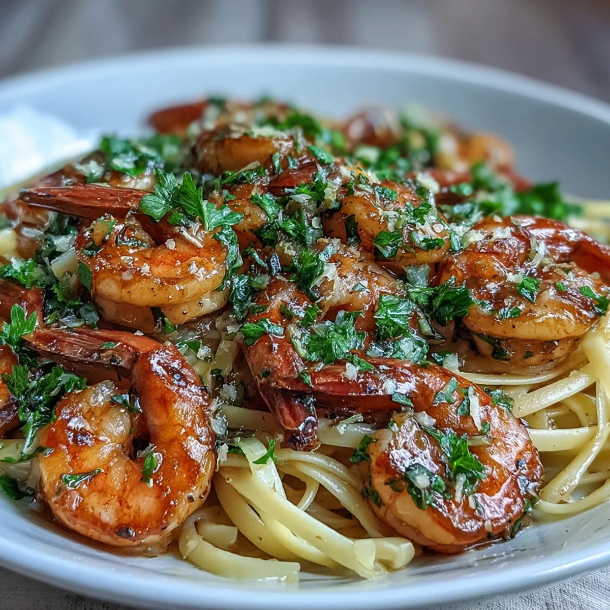 Golden, garlicky Shrimp Scampi With Linguine glistens in a skillet, garnished with fresh parsley and lemon wedges.