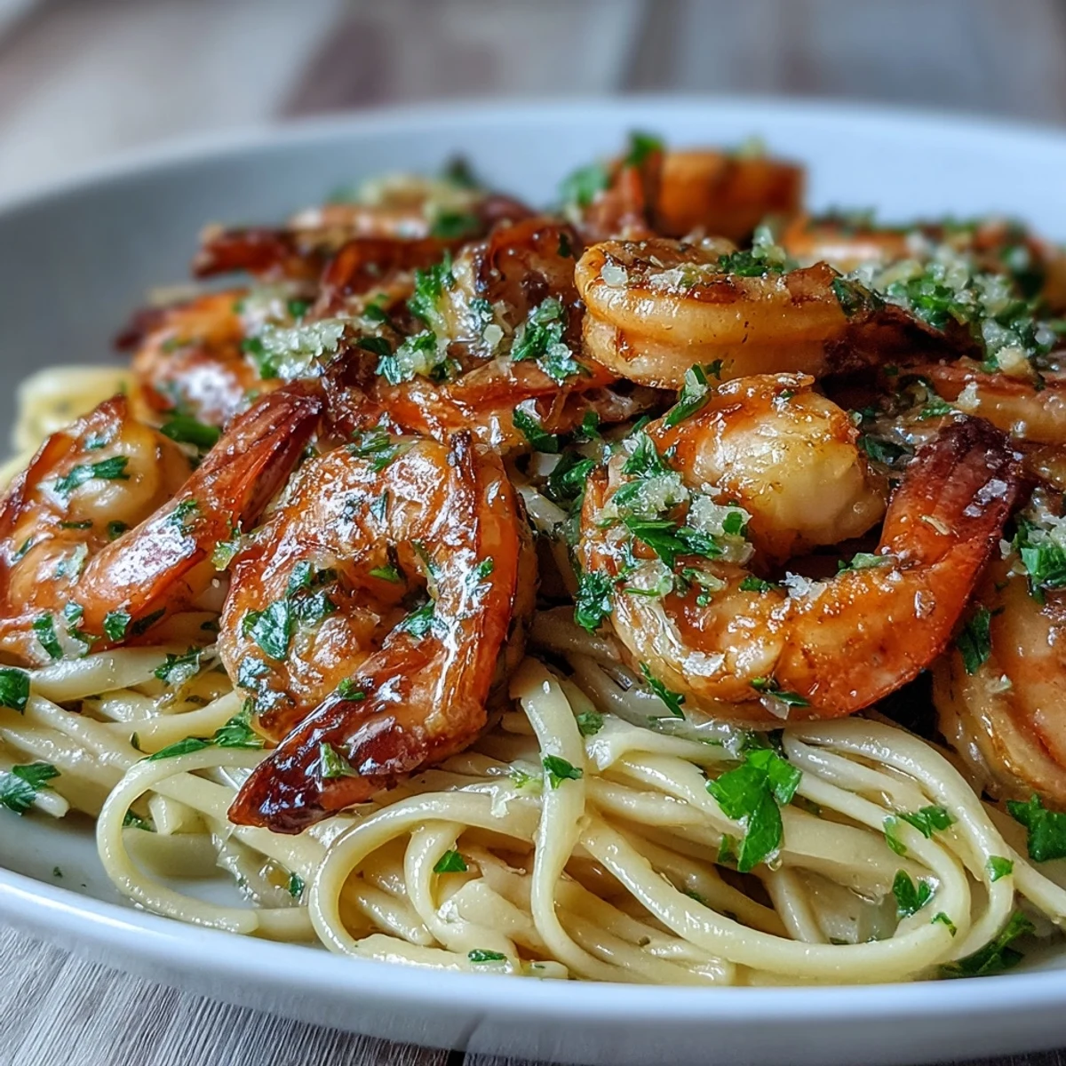 Tender shrimp and al dente linguine are coated in a rich, buttery white wine sauce.