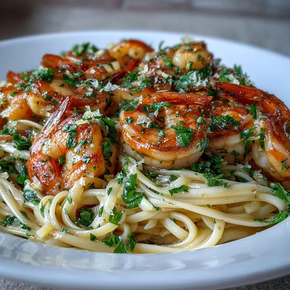 Served hot in a skillet, this Shrimp Scampi With Linguine looks delicious topped with parsley.