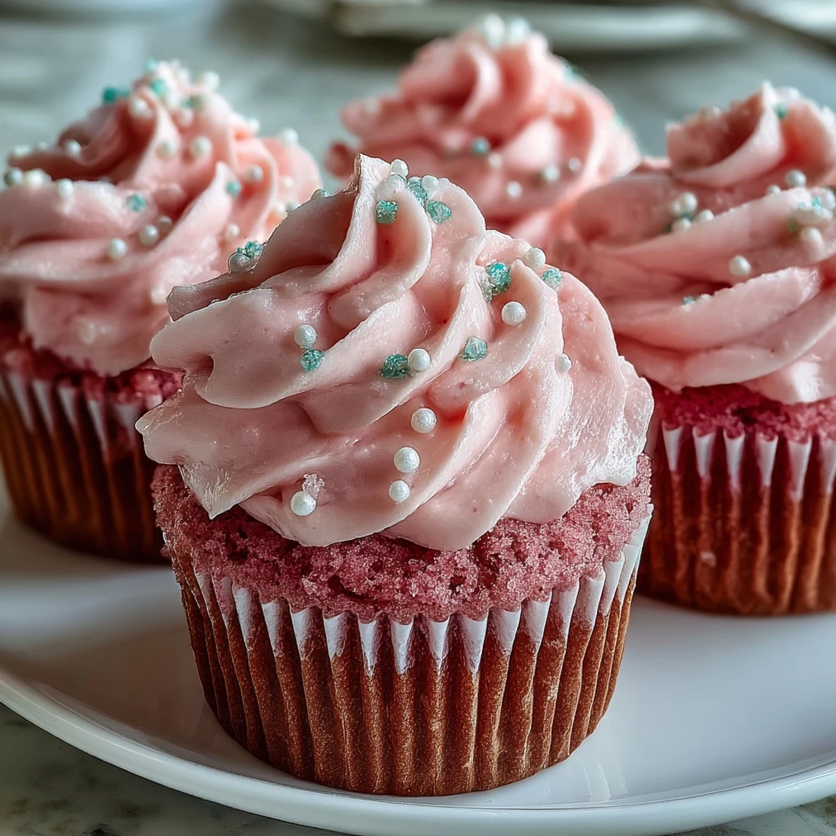 Freshly baked Pink Velvet Cupcakes with vanilla buttercream on a marble counter.