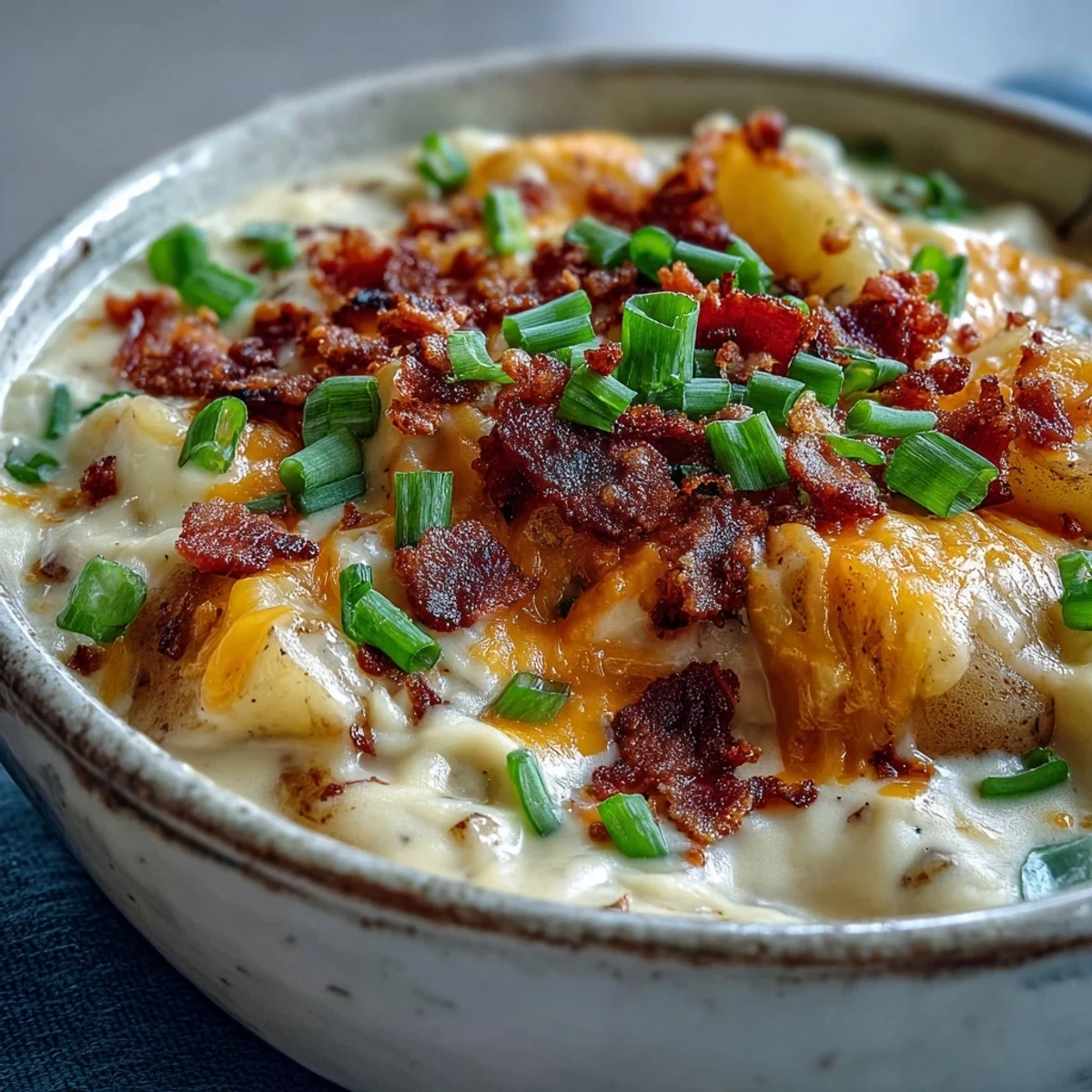 A bowl of Loaded Potato Soup topped with crispy bacon bits, shredded cheddar cheese, and fresh sliced green onions.