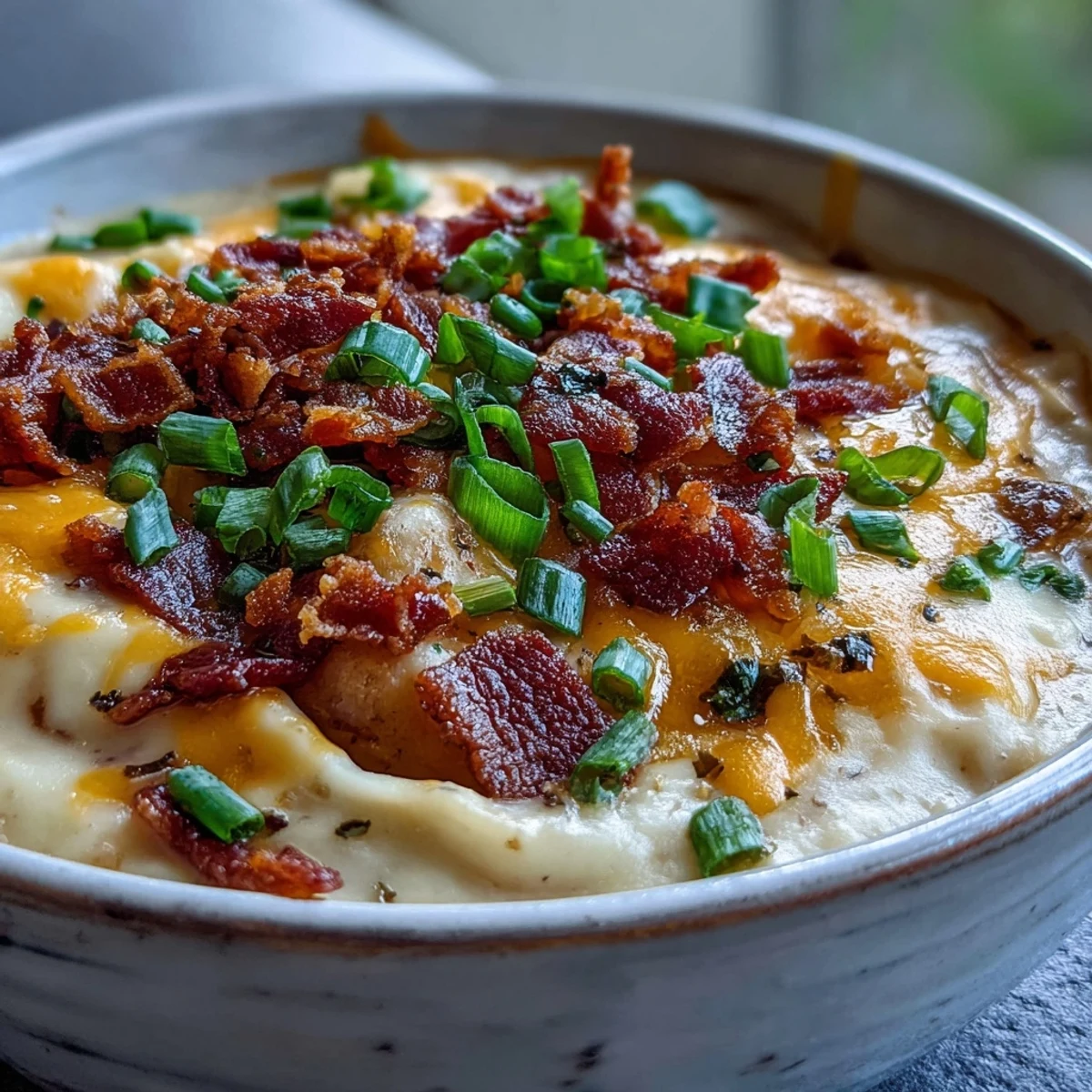 Creamy Loaded Potato Soup in a rustic bread bowl, with a side of oyster crackers and a spoon ready to serve.
