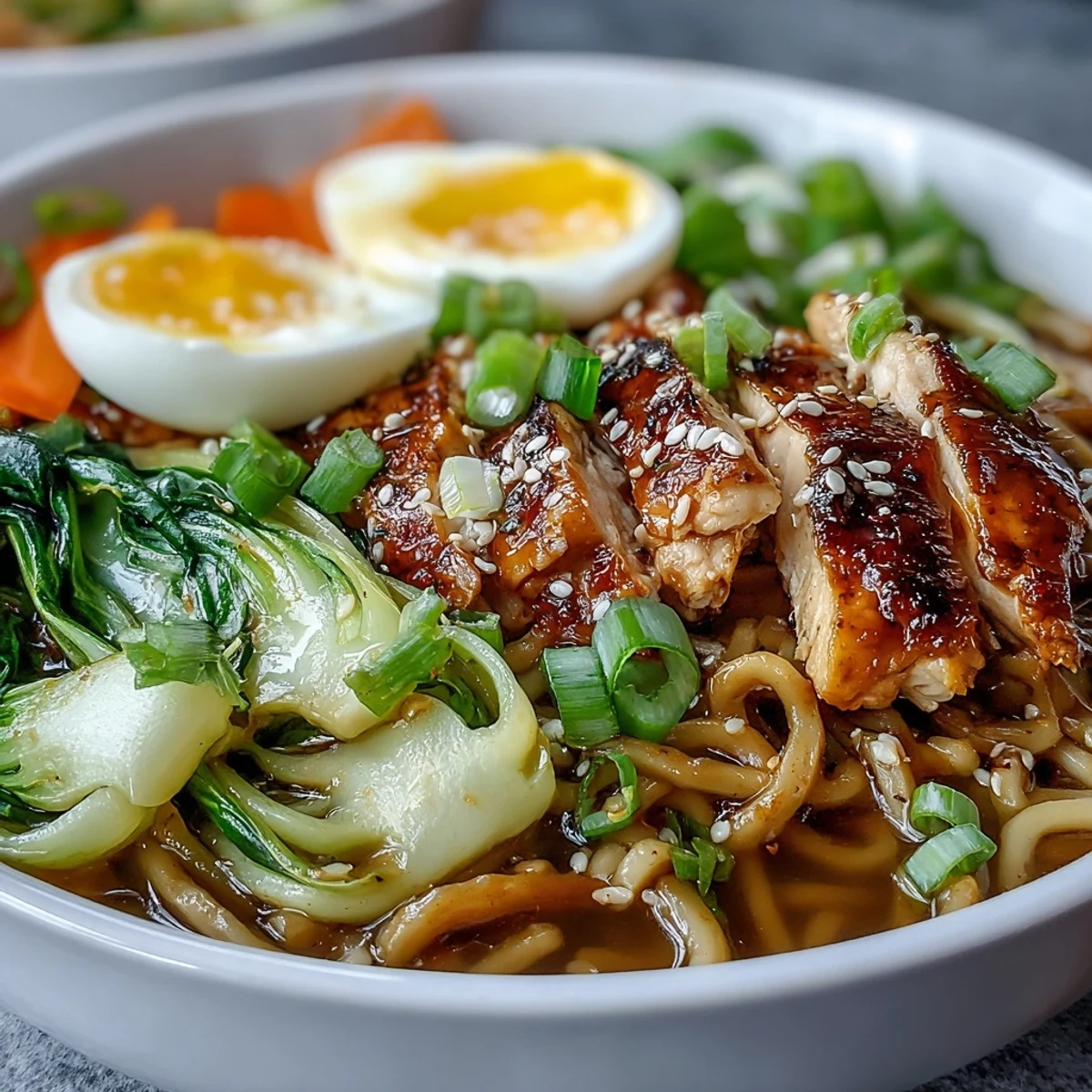 Steaming Healthy Miso Chicken Noodle Bowls feature chewy soba noodles and crisp bok choy in a savory broth.