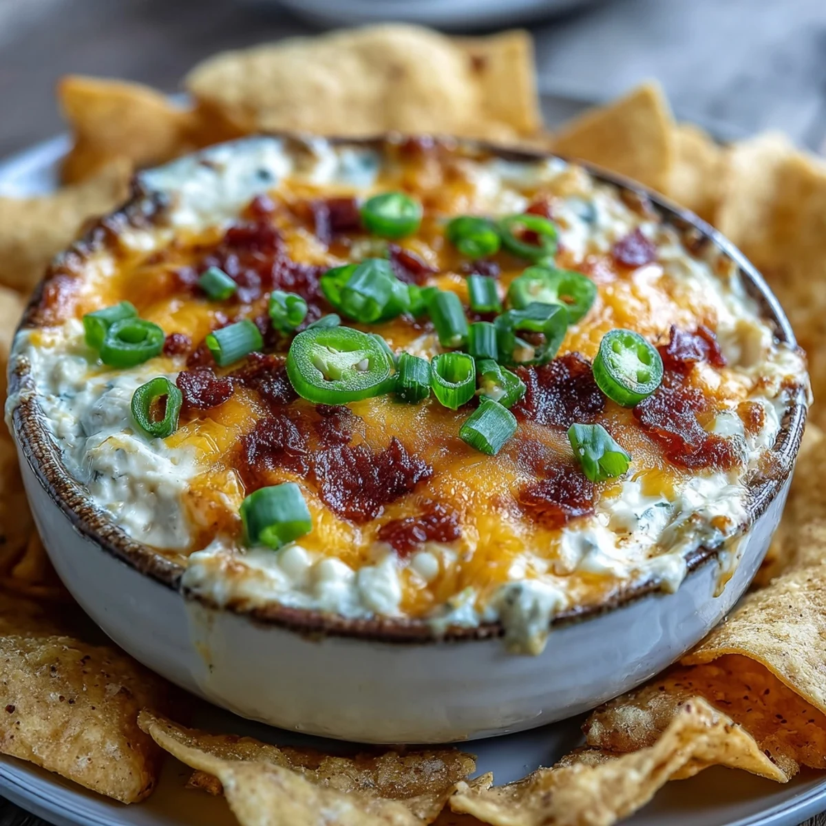 Creamy warm Crack Corn Dip with melted cheddar and jalapeños in a white bowl, served with tortilla chips for dipping.