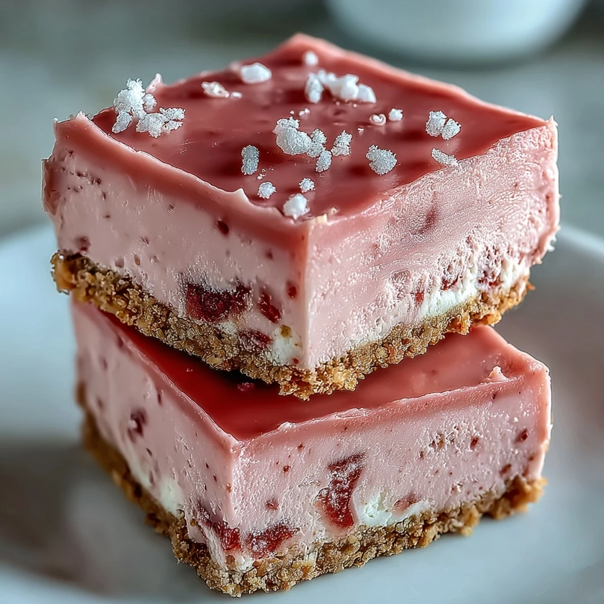 Freshly cut No-Bake Strawberry Fudge Squares on a platter, showcasing a creamy pink layer over a golden graham cracker crust.