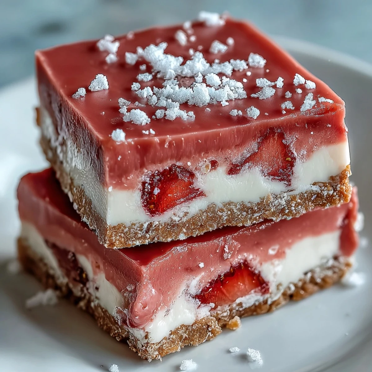 Vibrant pink No-Bake Strawberry Fudge Squares with a smooth texture, dusted with freeze-dried strawberry powder on a rustic table.