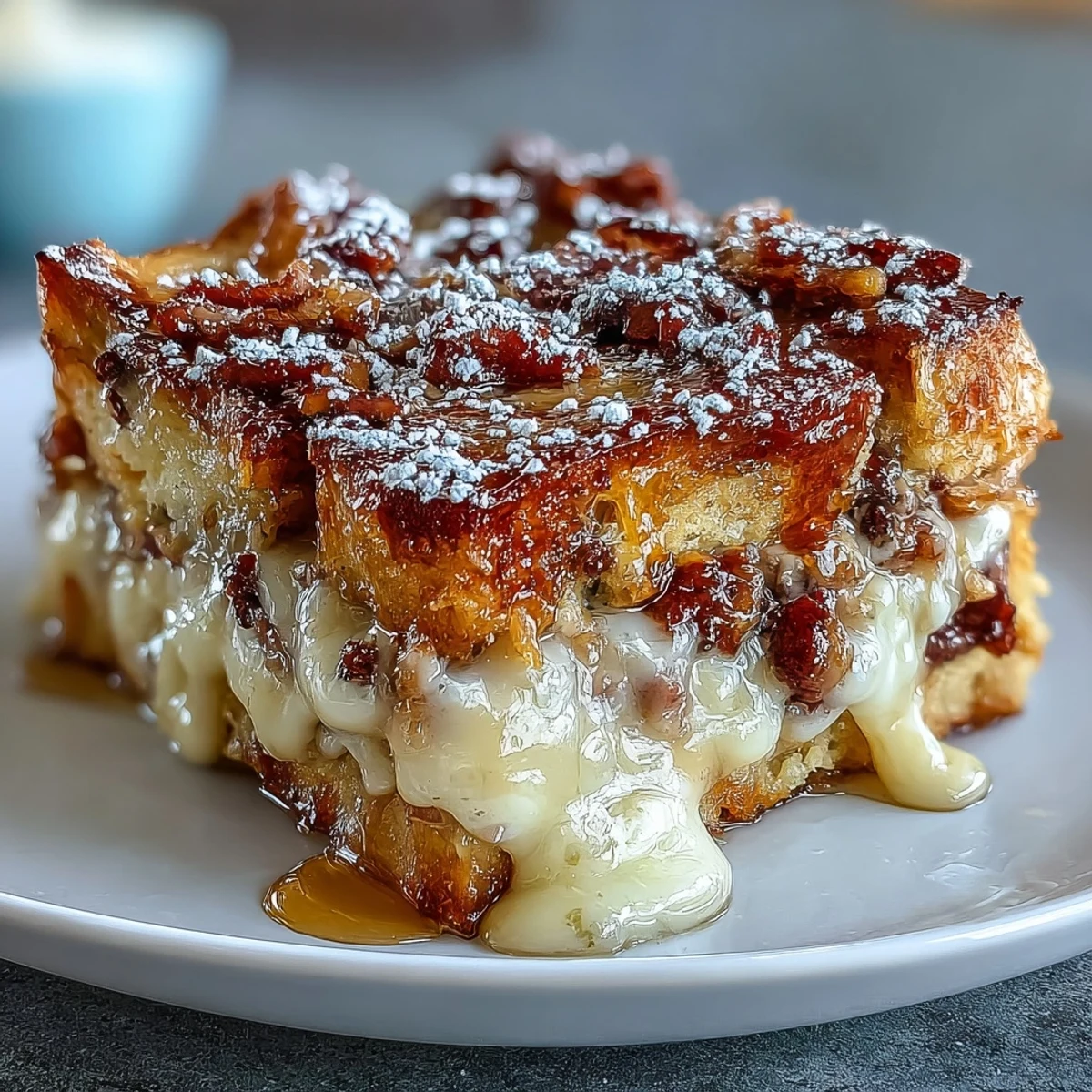 Golden-brown Monte Cristo Breakfast Casserole topped with powdered sugar and drizzled with maple syrup.