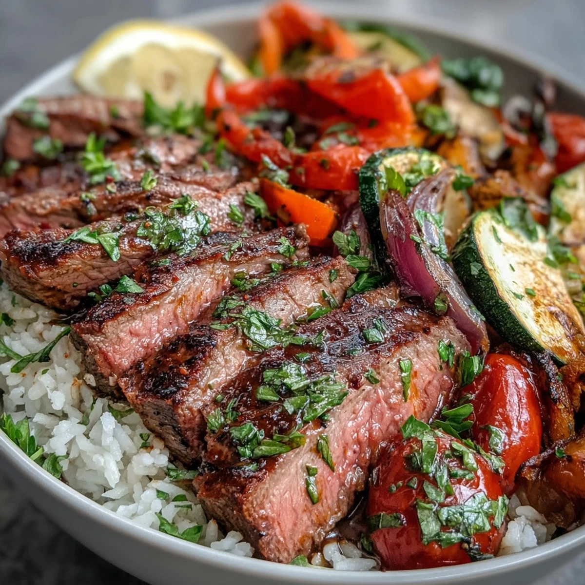 A vibrant Sheet Pan Steak and Veggie Bowl with juicy sliced steak, roasted bell peppers, and zucchini over fluffy jasmine rice.  